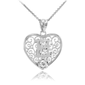 White Gold Filigree Heart "B" Initial CZ Pendant Necklace