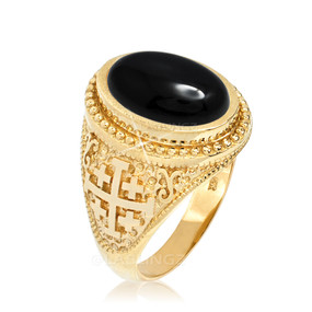 Yellow Gold Jerusalem Cross Black Onyx Gemstone Statement Ring