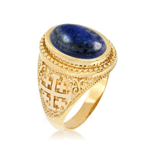 Yellow Gold Jerusalem Cross Lapis Lazuli Gemstone Statement Ring