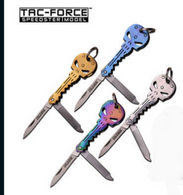 FOLDING SKULL KEY KNIFE
•1.75" 1.5MM THICK BLADE, STAINLESS STEEL
•SATIN FINISHED BLADE
•2.5" CLOSED
•STAINLESS STEEL TITANIUM COATED HANDLE
•Color choices Gold, Blue, Silver or Rainbow
