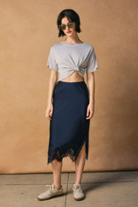 Navy satin lace midi skirt