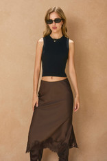 Brown  satin lace midi skirt