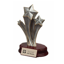 Three silver stars with golden highlights burst skyward from the glossy mahogany-colored base of this stunning 7 1/2" trophy. The recipient will burst with pride. Up to 3 lines of text and 30 characters per line included. Specify ITS icon color: blue or black.