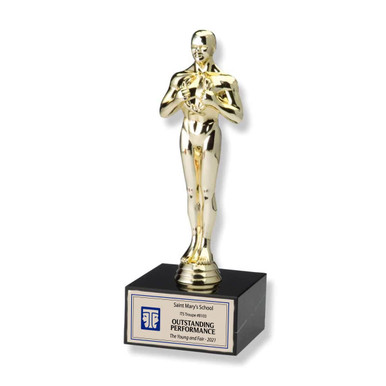 Your student will never forget receiving this trophy. This 11" trophy has a 2" high solid marble base and extra large actor figure. It features the ITS icon and up to 5 lines of text with 25 characters per line included.