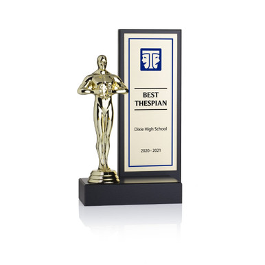 The Boardwalk Trophy features your choice of actor or drama masks figure beside a large backdrop displaying up to 7 lines of text with 25 characters per line included. The ITS icon is also displayed in the color of your choice. Specify ITS icon color: blue or 