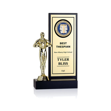 Like the Boardwalk Trophy, this trophy features your choice of actor or drama masks figure beside a large backdrop, with up to 7 lines of text with 25 characters per line included. As an added touch, the ITS icon is presented as a enameled medal.