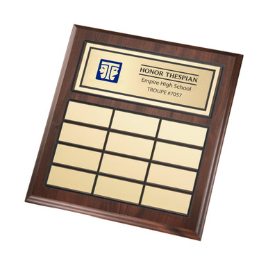 This 11" x 13" plaque features the ITS icon on a header plate with up to 4 lines of text with 30 characters per line included. It comes with 12 gold spaces for name plates. Each black name plate (sold separately as item 800111) is engraved and sent with adhesive tape on the back that will allow you to add the recipients names to the plaque year after year. Specify ITS icon color: blue or black