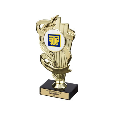 The Gold Fan Trophy uniquely displays the ITS icon in the color of your choice on a solid black marble base. 7" high. Up to 3 lines of text with 30 characters per line included.