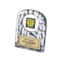 Acrylic award with simulated crystal look features color ITS icon and face plate. Up to 4 lines of text with 25 characters per line included.