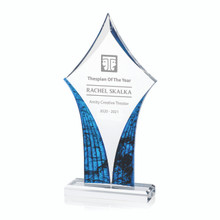This impressive etched award makes an unforgettable first impression. "Curtains" of marbled blue highlight a large acrylic diamond. This tall award has room for up to 6 lines of text with 20 characters per line.