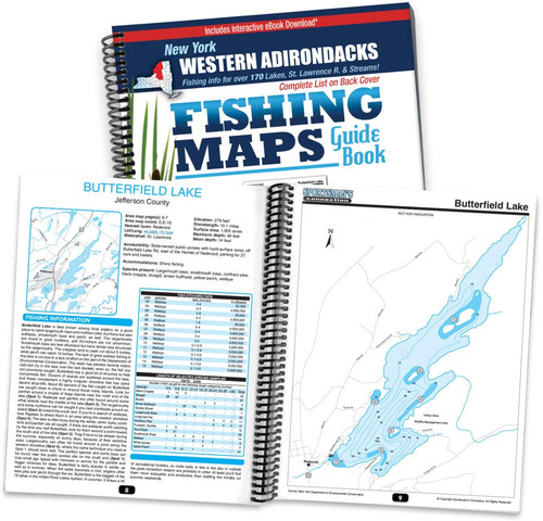 Western Adirondacks New York Fishing Map Guide cover and map page spread
