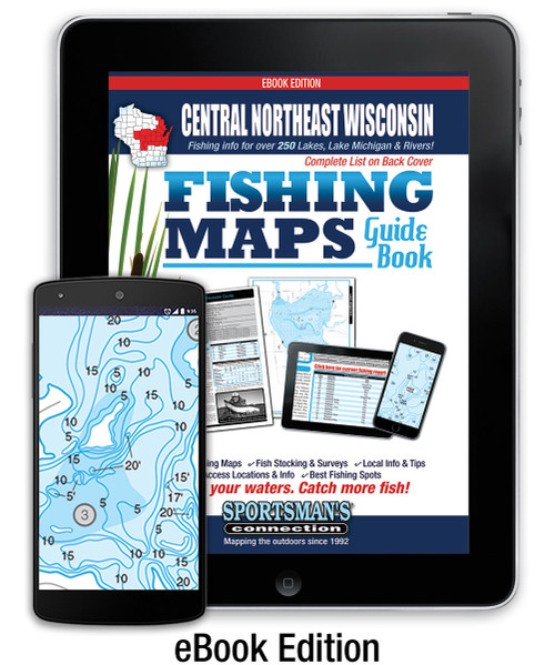 Central-Northeast Wisconsin Fishing Map Guide eBook Edition cover - includes contour lake maps and fishing information for over 280 lakes
