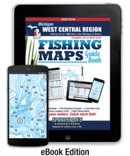 West Central Michigan Fishing Map Guide eBook Edition cover - includes contour lake maps and fishing information for over 150 lakes and rivers plus Great Lakes coverage