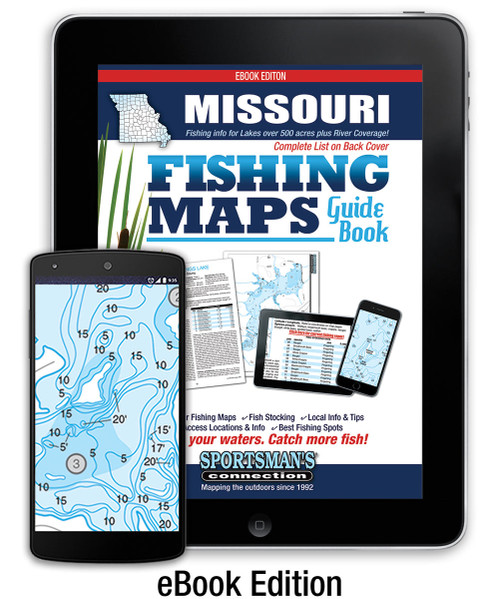 Missouri Fishing Map Guide cover - includes contour lake maps and fishing information for all lakes over 500 acres