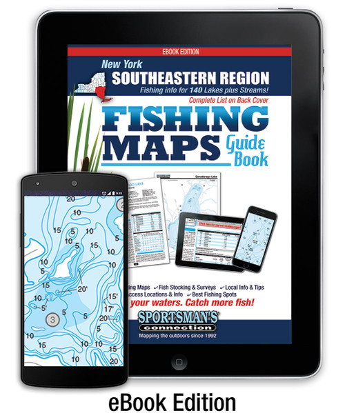 Southeastern New York Fishing Map Guide eBook cover - contour lake maps and fishing information for over 140 lakes and rivers