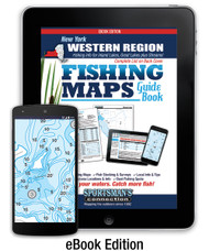 Western New York Fishing Map Guide eBook cover - includes contour lake maps and fishing information for over 70 lakes and rivers