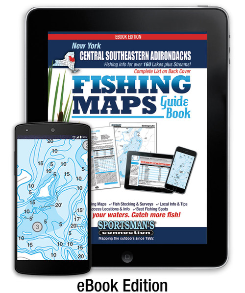 Central Southeastern Adirondacks New York Fishing Map Guide eBook cover - includes contour lake maps and fishing information for over 150 lakes and rivers