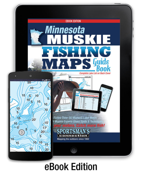 Minnesota Muskie Fishing Map Guide eBook cover -  includes contour lake maps with marked spots and fishing information for over 50 lakes