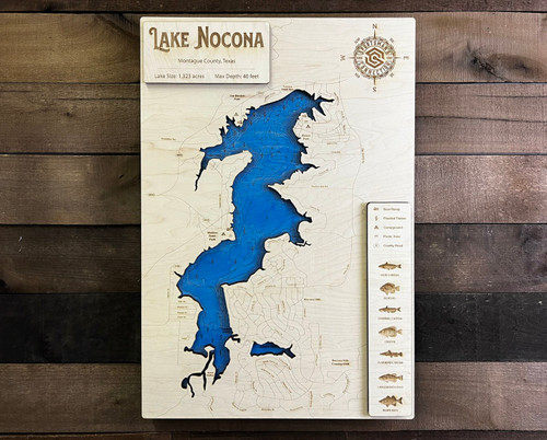 Lake Nocona - Wood Engraved Map