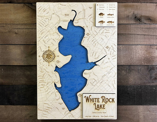 White Rock Lake - Wood Engraved Map