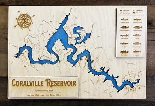 Coralville Reservoir - Wood Engraved Map