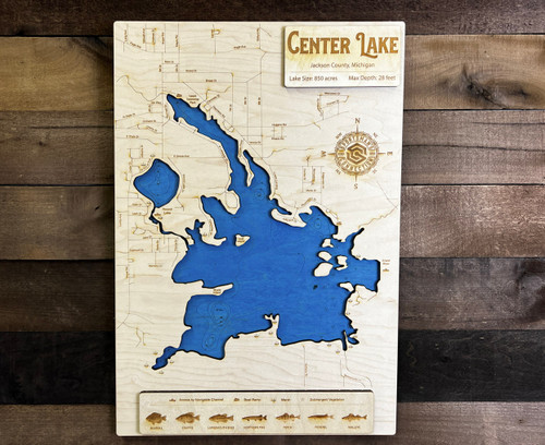 Center (Michigan Center Lake) - Wood Engraved Map