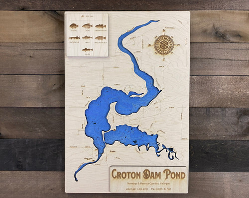 Croton Dam Pond (Muskegon R. Res) - Wood Engraved Map