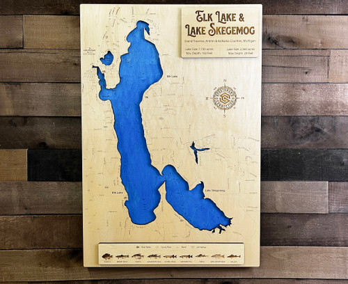 Elk Lake & Lake Skegemog (Chain O' Lakes) - Wood Engraved Map