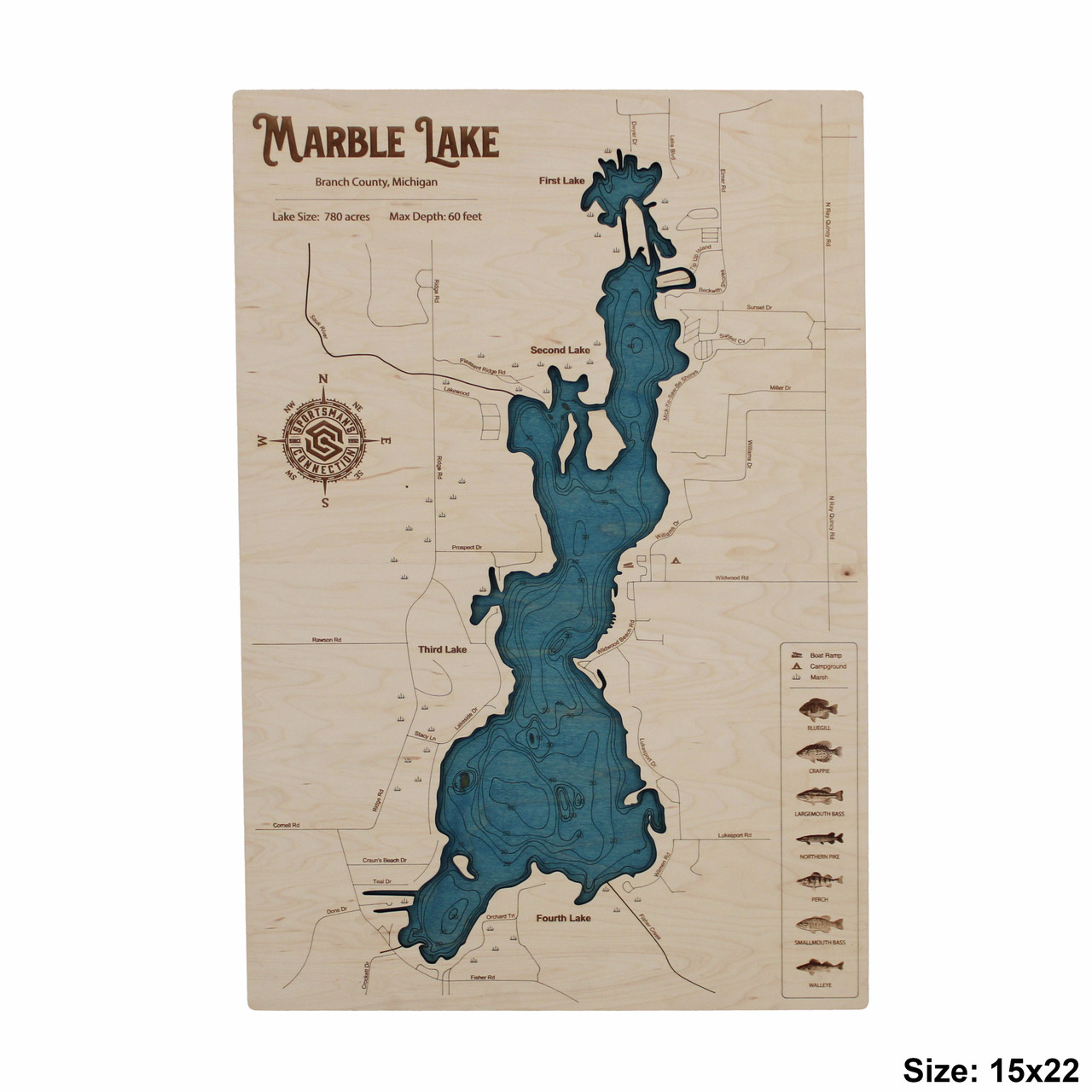 Marble - Wood Engraved Lake Map