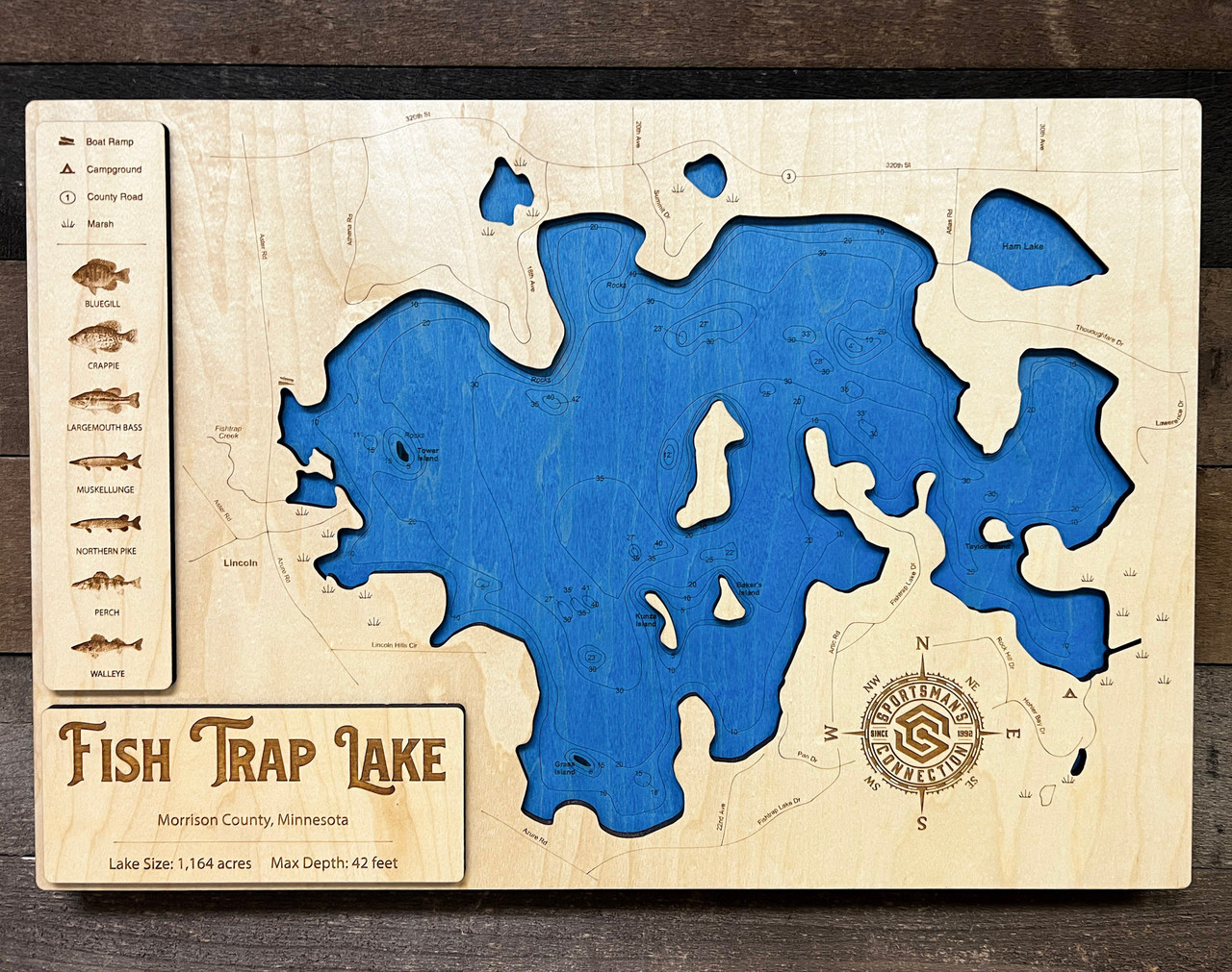 Fish Trap - Wood Engraved Lake Map