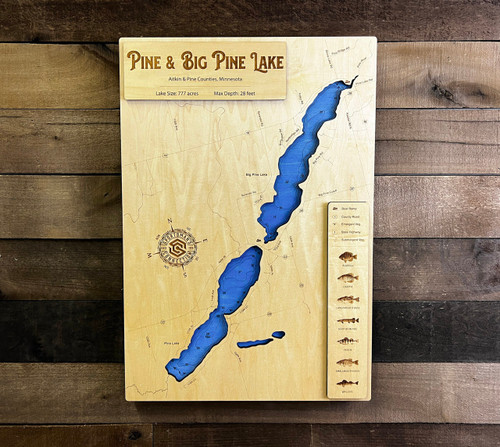 Pine & Big Pine Lake - Wood Engraved Map