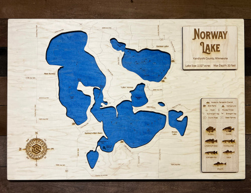 Norway & Games Lakes - Wood Engraved Map