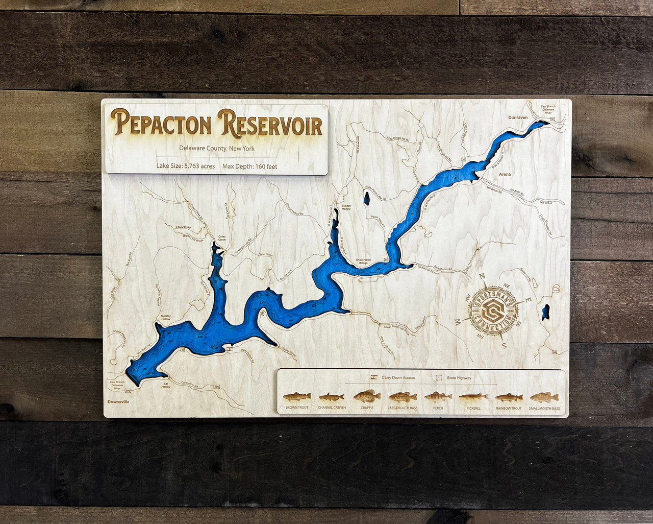 Pepacton Reservoir - Wood Engraved Lake Map
