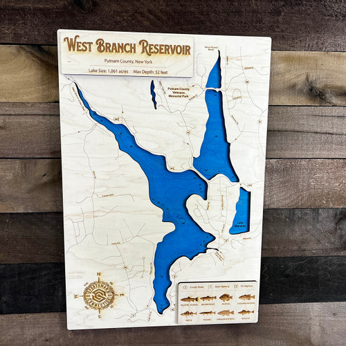 West Branch Reservoir - Wood Engraved Map