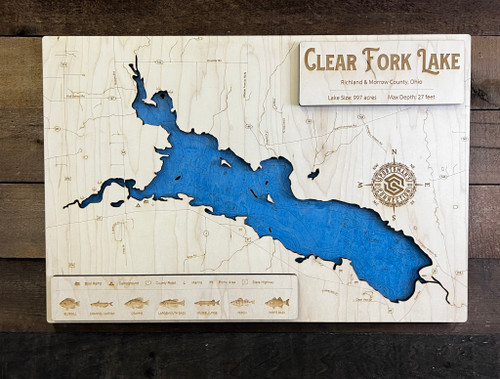 Clear Fork Lake aka Clear Fork Reservoir - Wood Engraved Map