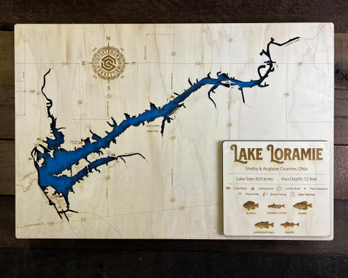 Loramie, Lake - Wood Engraved Map