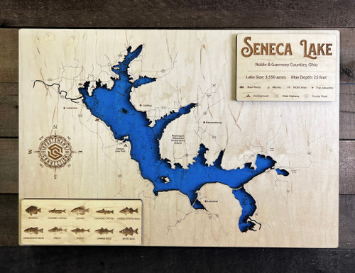 Seneca Lake & Tailwater Access - Wood Engraved Map