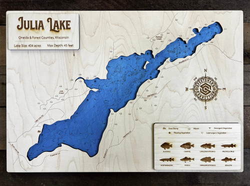 Julia (Three Lakes Chain) - Wood Engraved Map
