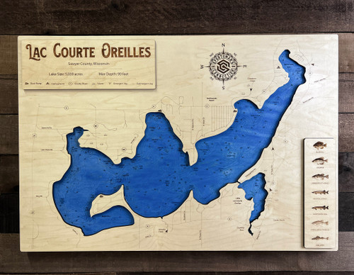 Lac Courte Oreilles - Wood Engraved Map