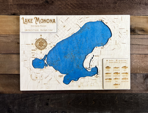 Monona - Wood Engraved Map