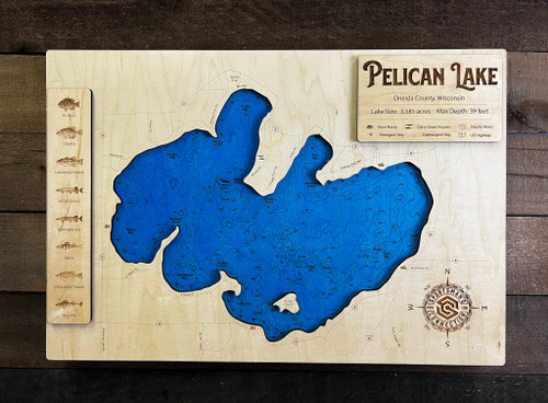Pelican (3,585 acres) - Wood Engraved Map
