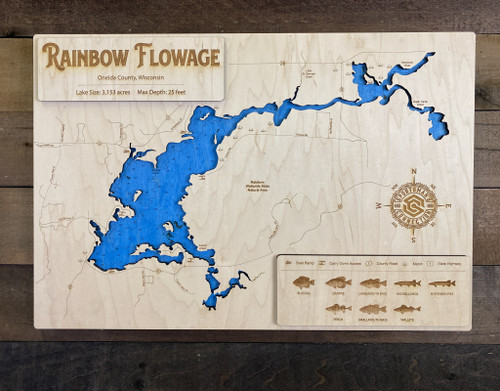 Rainbow Flowage - Wood Engraved Map