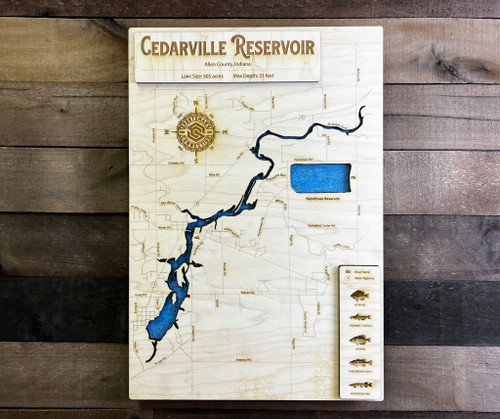 Cedarville Reservoir - Wood Engraved Map