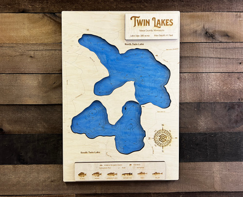 Twin Lakes (North & South)- Wood Engraved Map