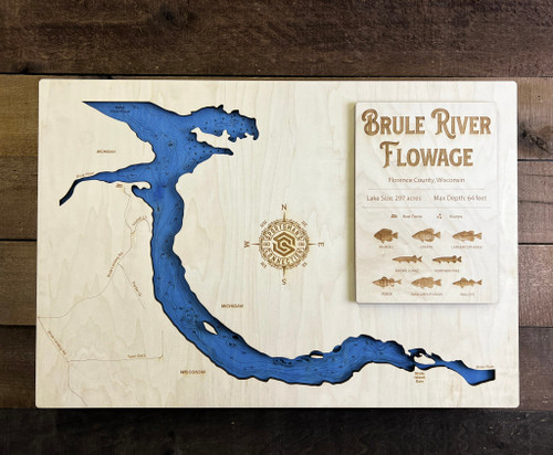 Brule River Flowage - Wood Engraved Map