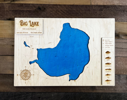 Big (259 acres) - Wood Engraved Map
