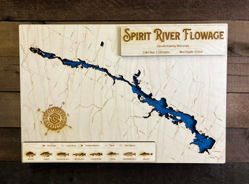 Spirit River Flowage - Wood Engraved Map