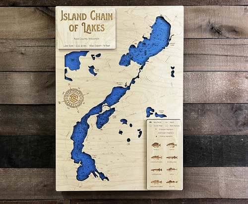Island Chain of Lakes - Wood Engraved Map