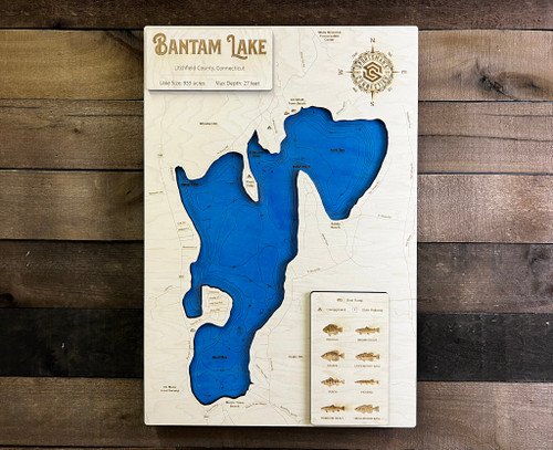 Bantam Lake (955 Acres) - Wood Engraved Map
