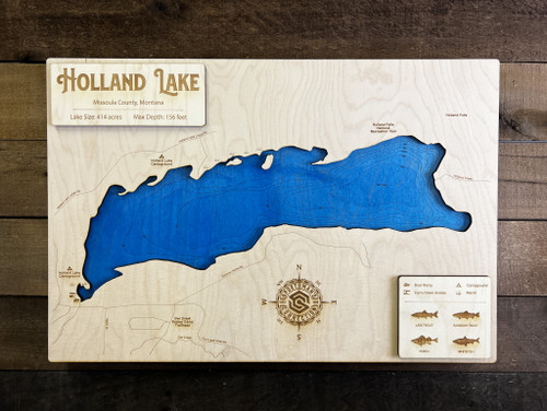 Holland Lake (905 Acres) - Wood Engraved Map